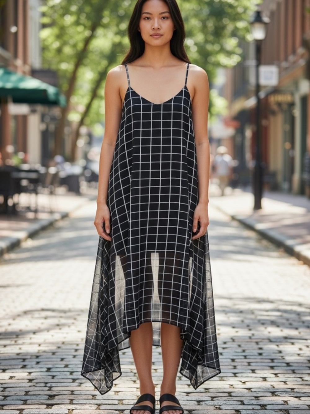 Lumiere Black Grid Print Asymmetrical Midi Sheer Slip Dress Small